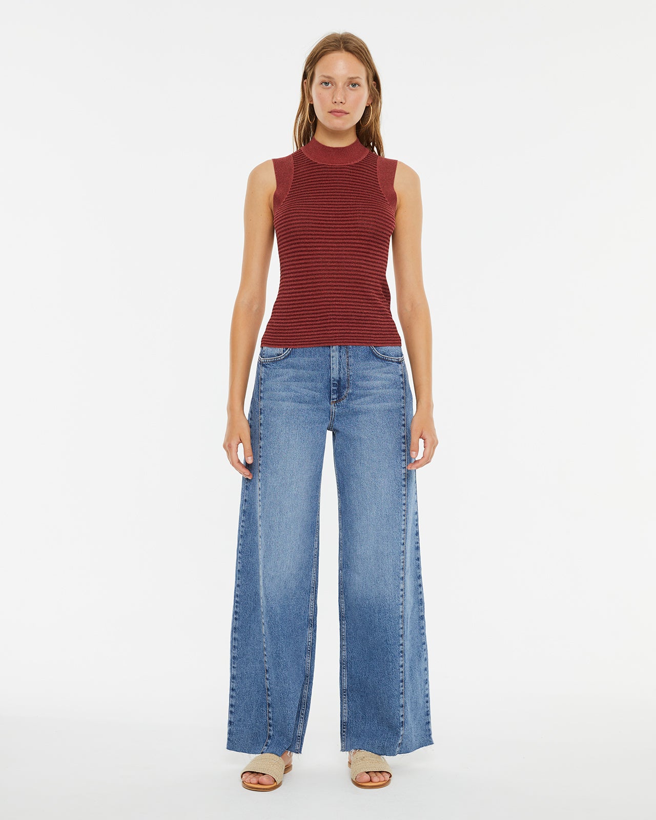 Wide leg denim pants with frayed hem