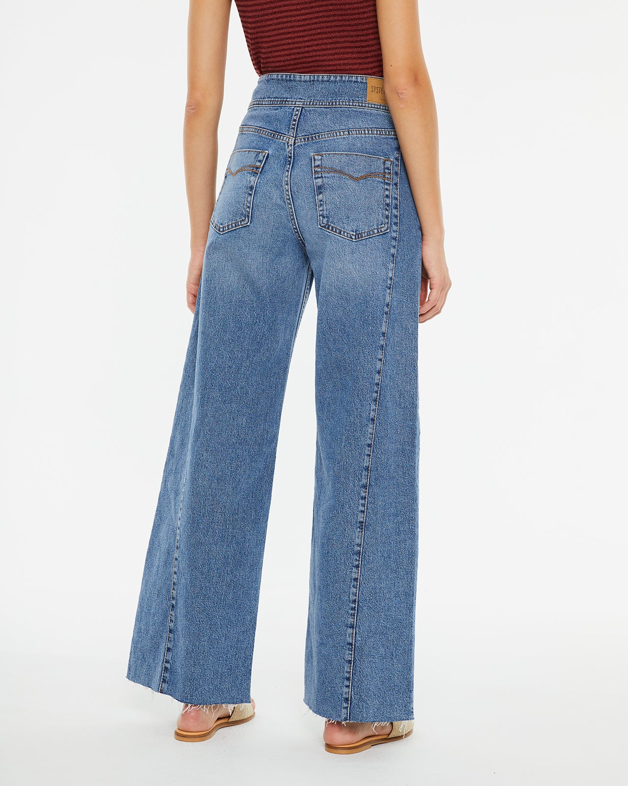 Wide leg denim pants with frayed hem