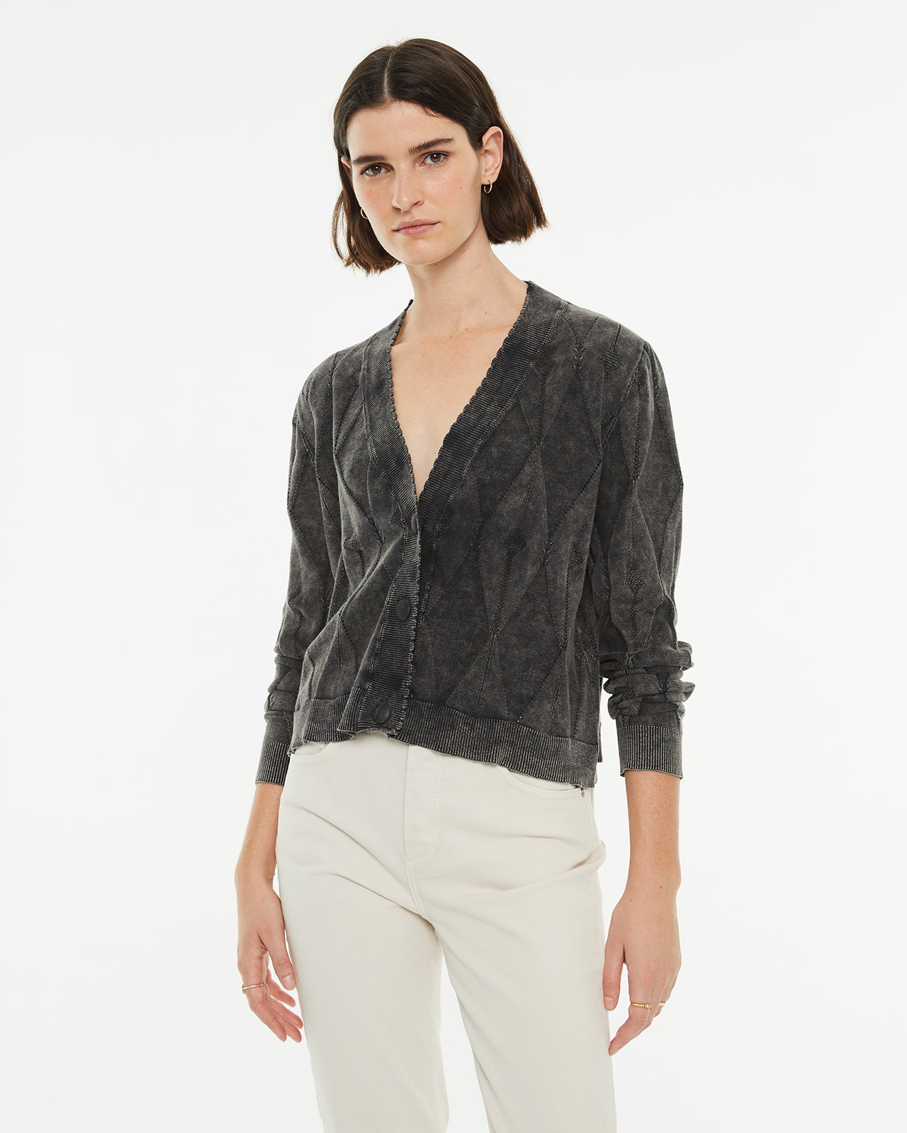 V-neck cardigan with worn-out effect