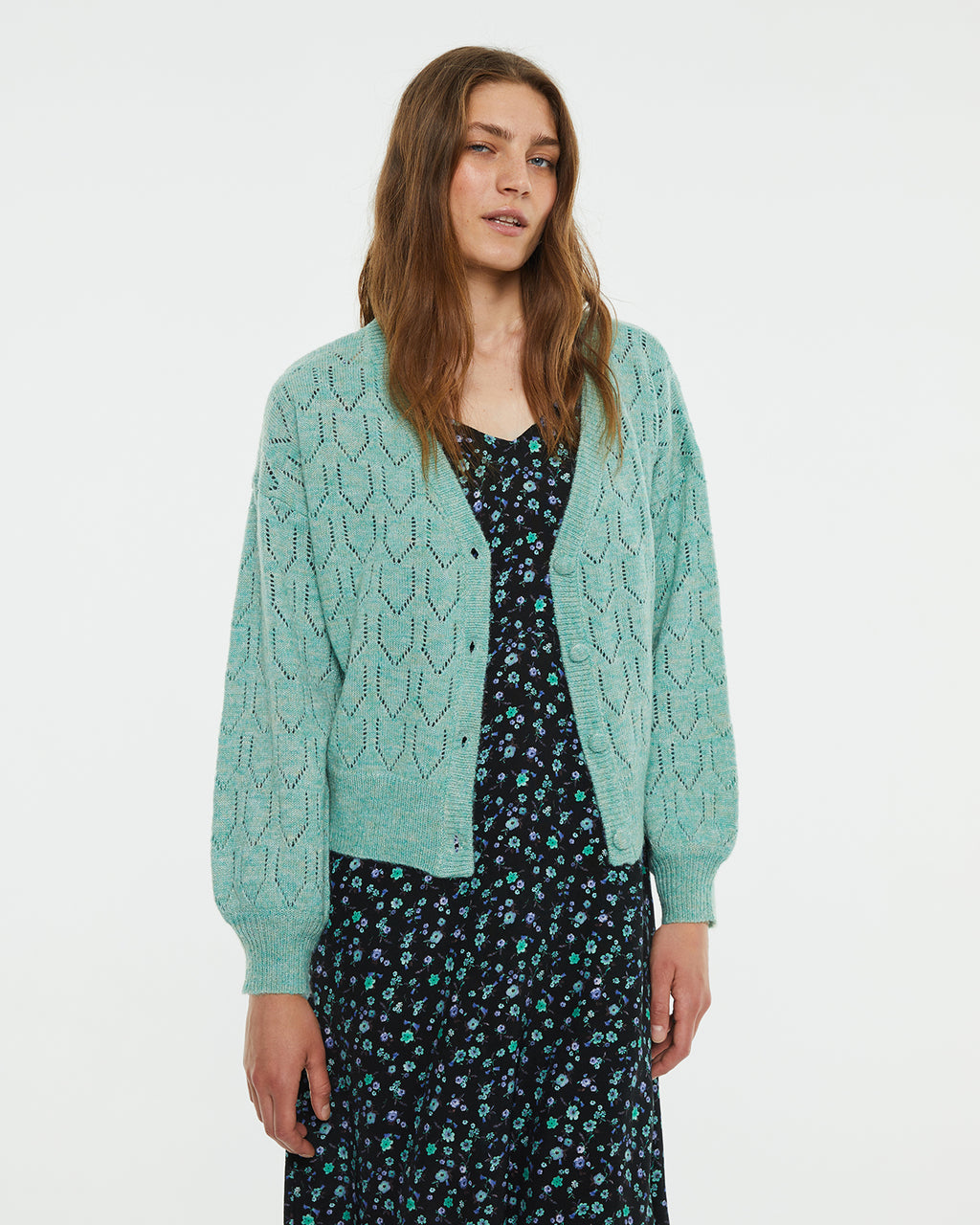 Openwork V-neck cardigan with glitter