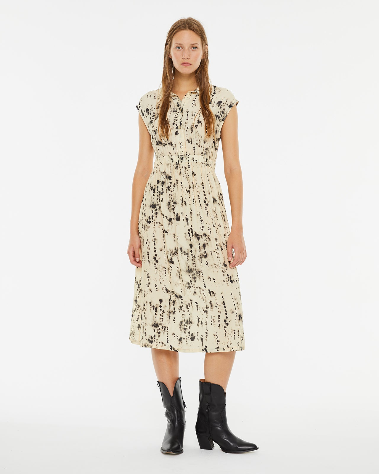 Spot print midi dress with shirt collar