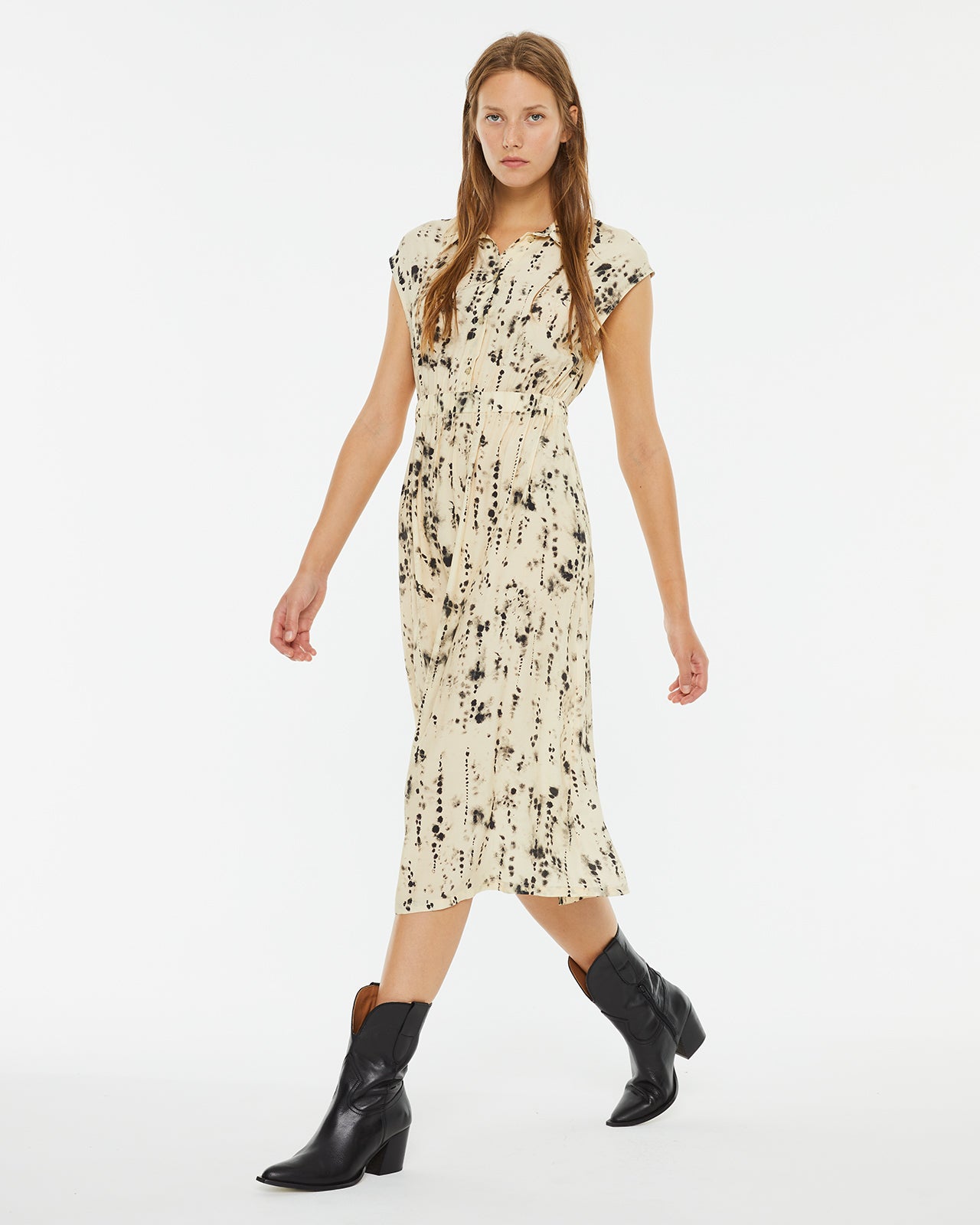 Spot print midi dress with shirt collar