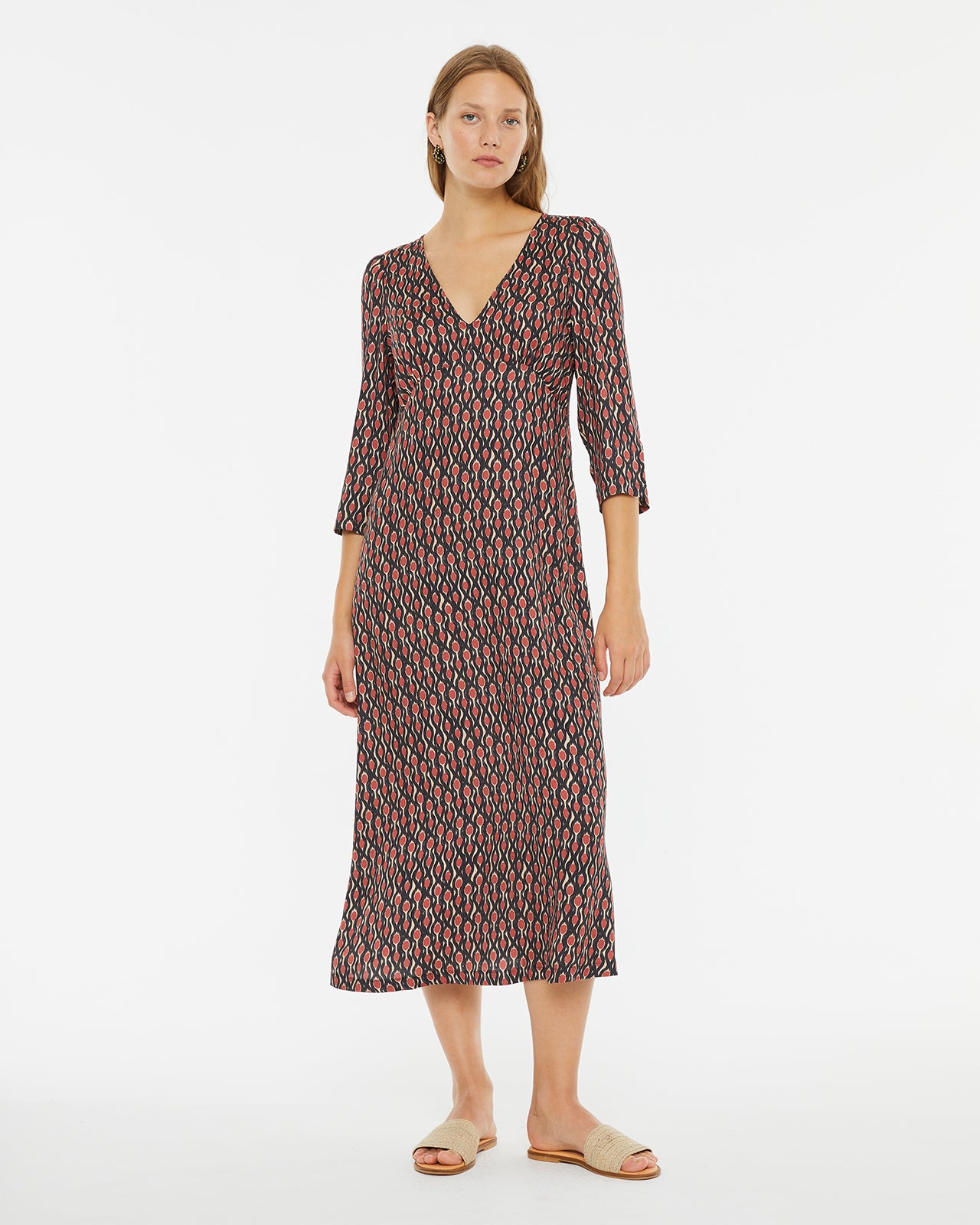 French sleeve midi dress with geometric print