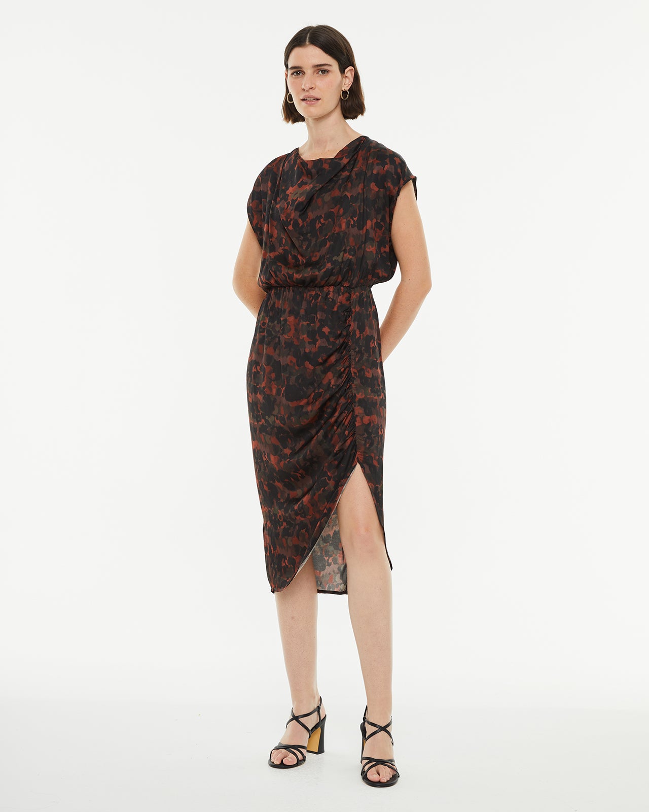 Draped printed asymmetrical midi dress