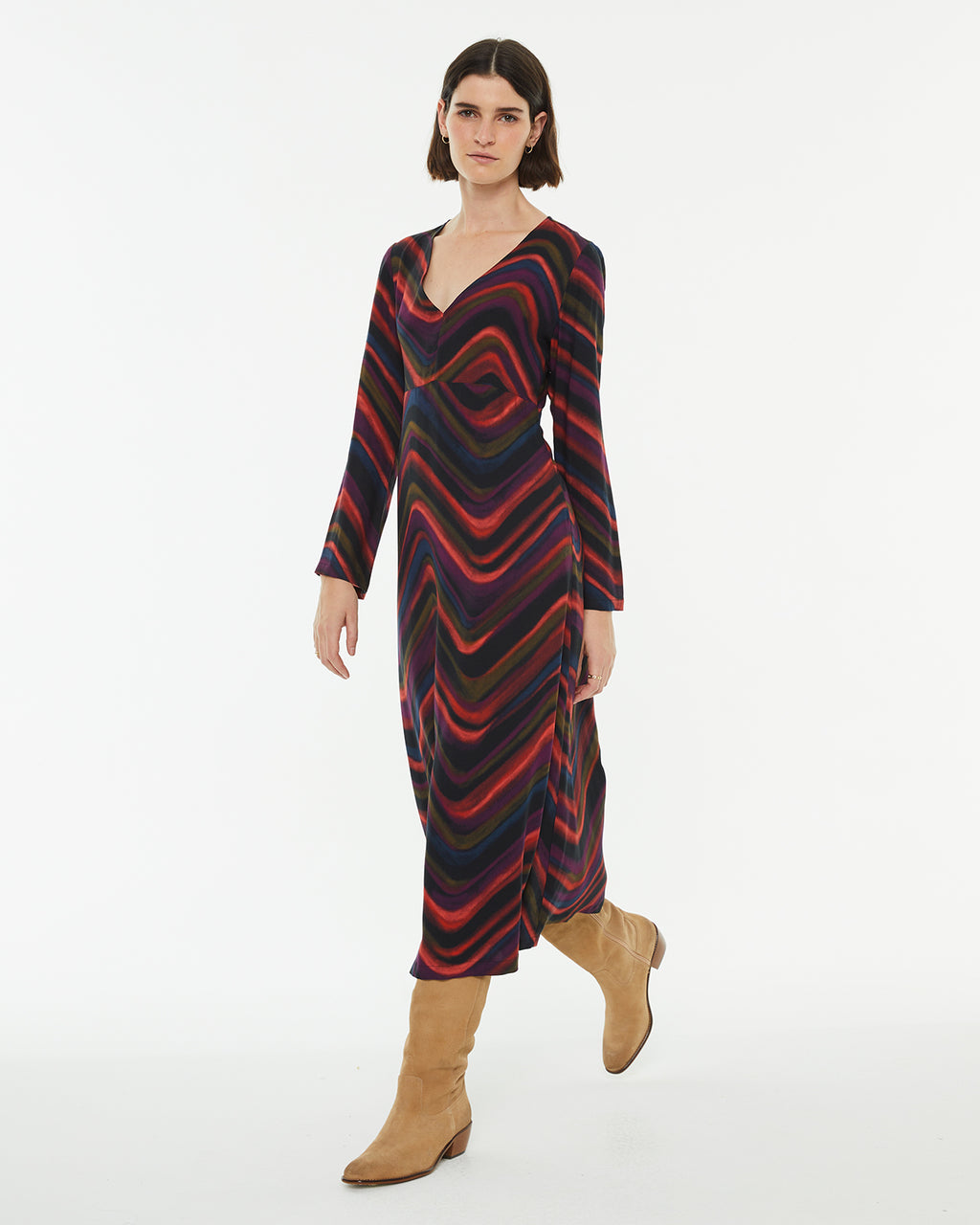 Multicolor wave print midi dress