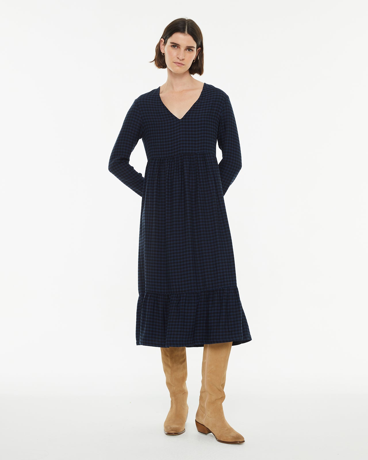 system action Vestido midi de cuadros de manga larga con puño