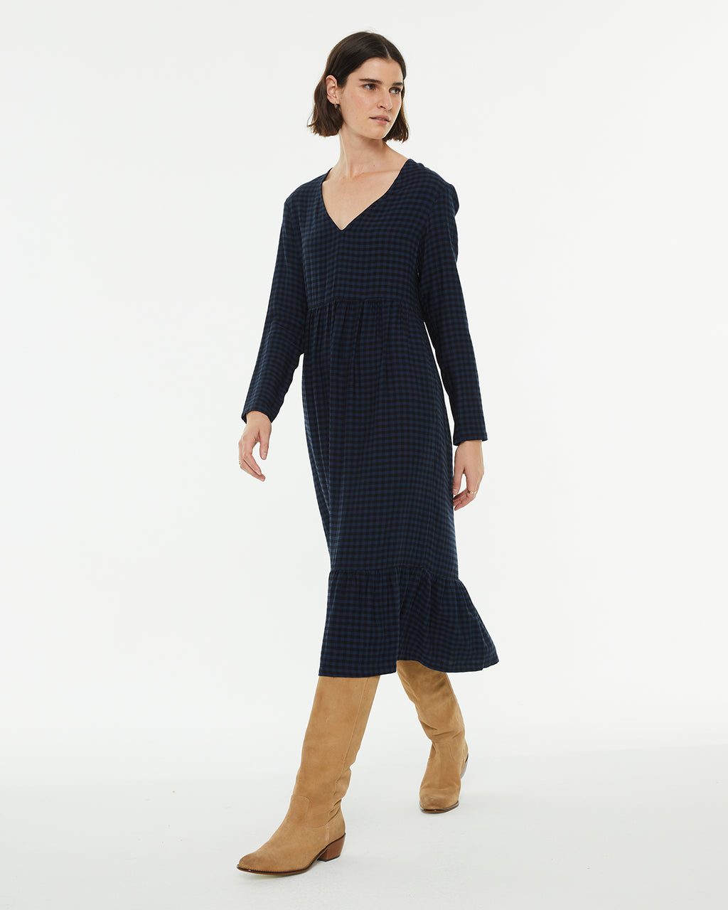 Long sleeve checkered midi dress with cuff