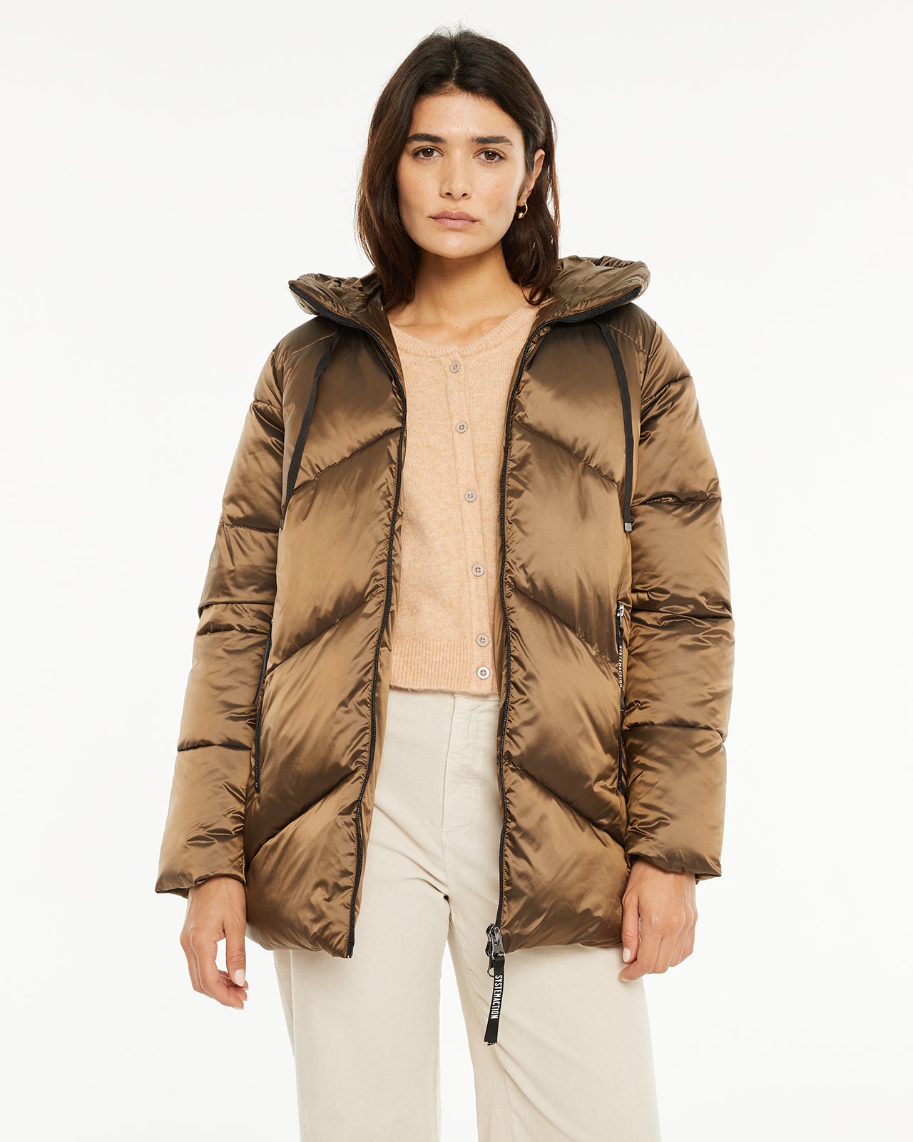 Metallic effect down jacket with hood