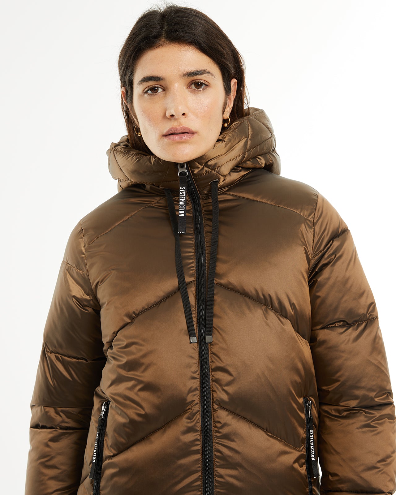 Metallic effect down jacket with hood