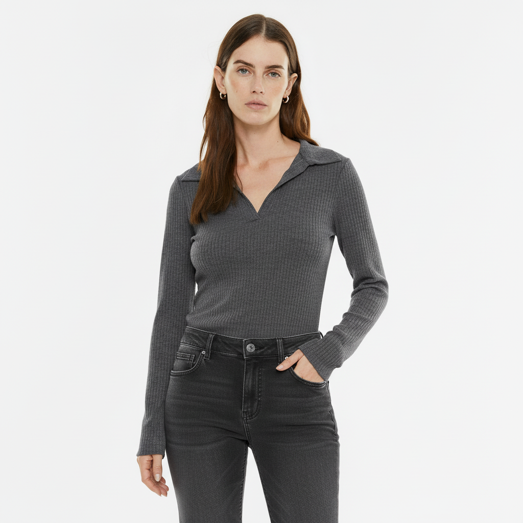 Long-sleeved ribbed polo shirt