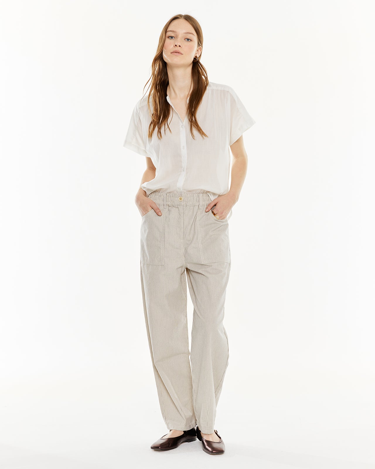 Striped pants with elastic waistband