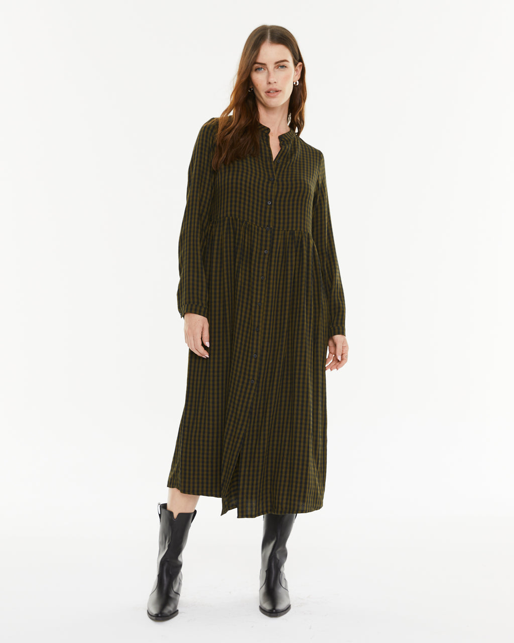 Vestido cuadros cuello mao