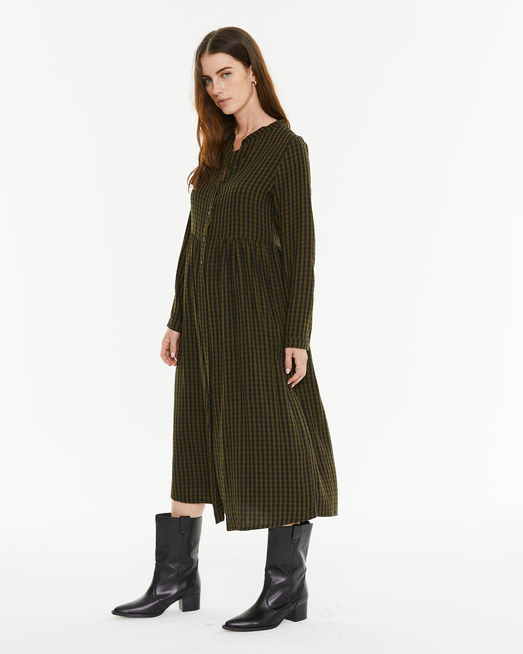 Vestido cuadros cuello mao