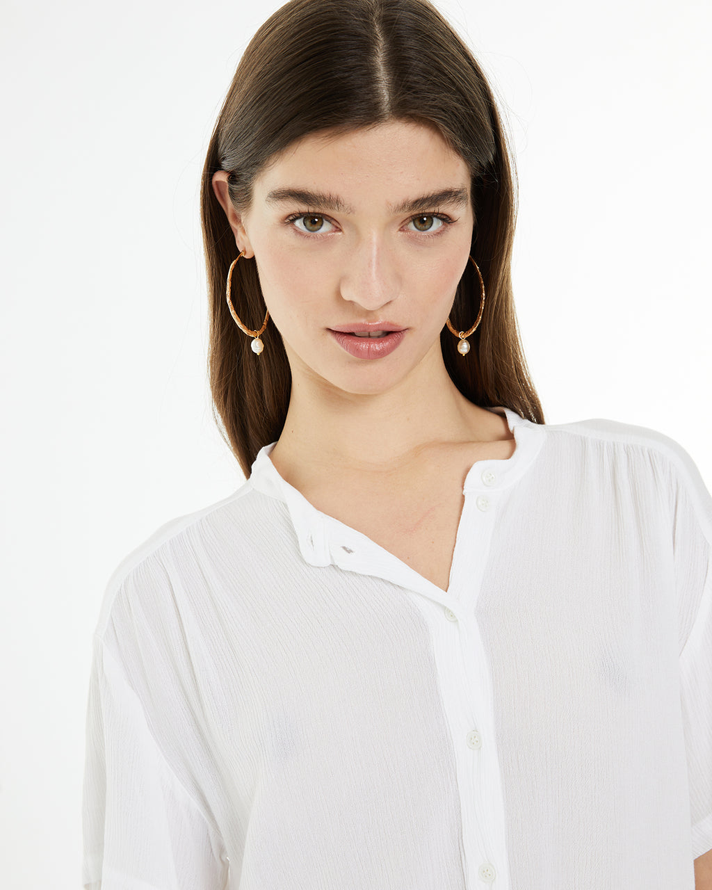 Camisa tejido bambula oversize de manga caída con cuello mao