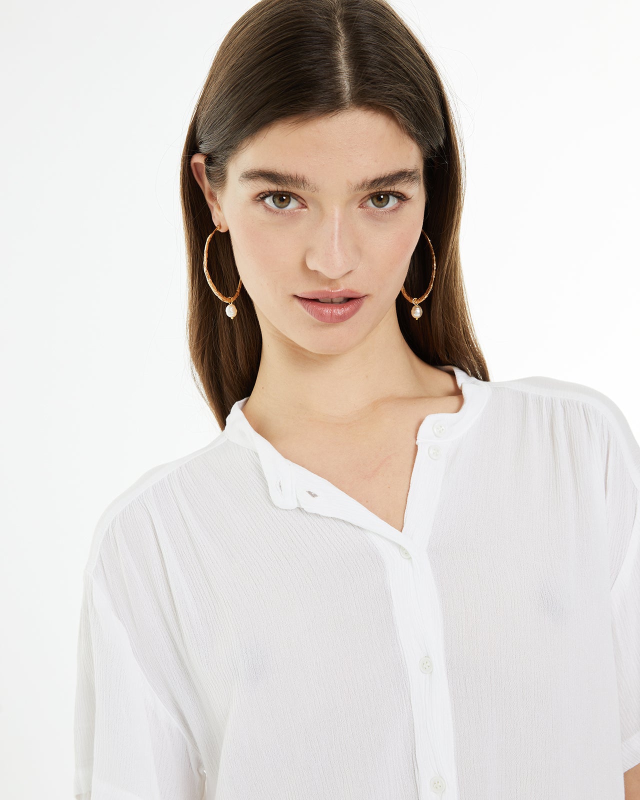 Chemise oversize en tissu de bambou avec manches tombantes et col Mao