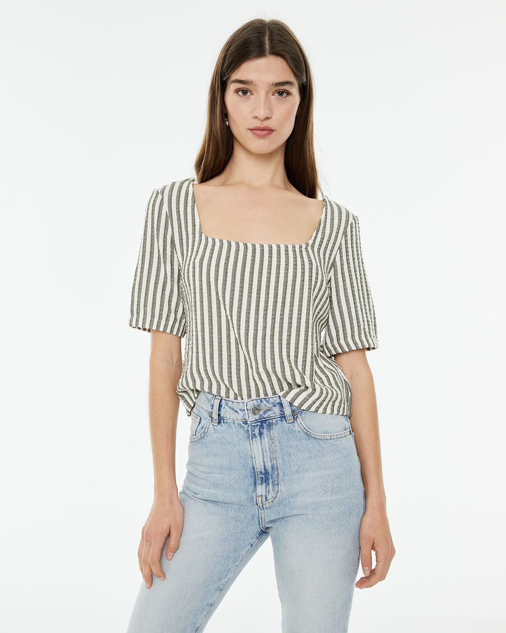 Striped shirt with three-quarter puffed sleeves and square neckline