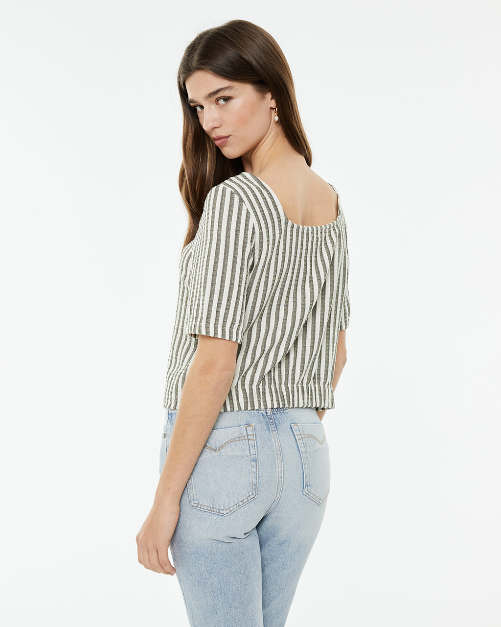 Striped shirt with three-quarter puffed sleeves and square neckline