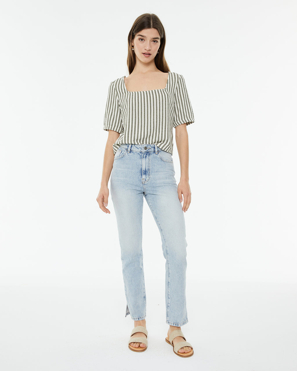 Striped shirt with three-quarter puffed sleeves and square neckline