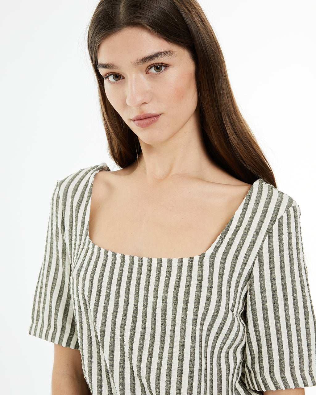 Striped shirt with three-quarter puffed sleeves and square neckline