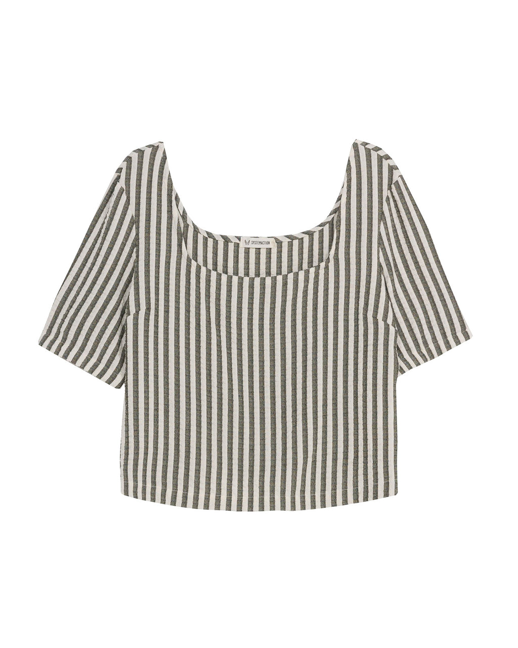 Striped shirt with three-quarter puffed sleeves and square neckline