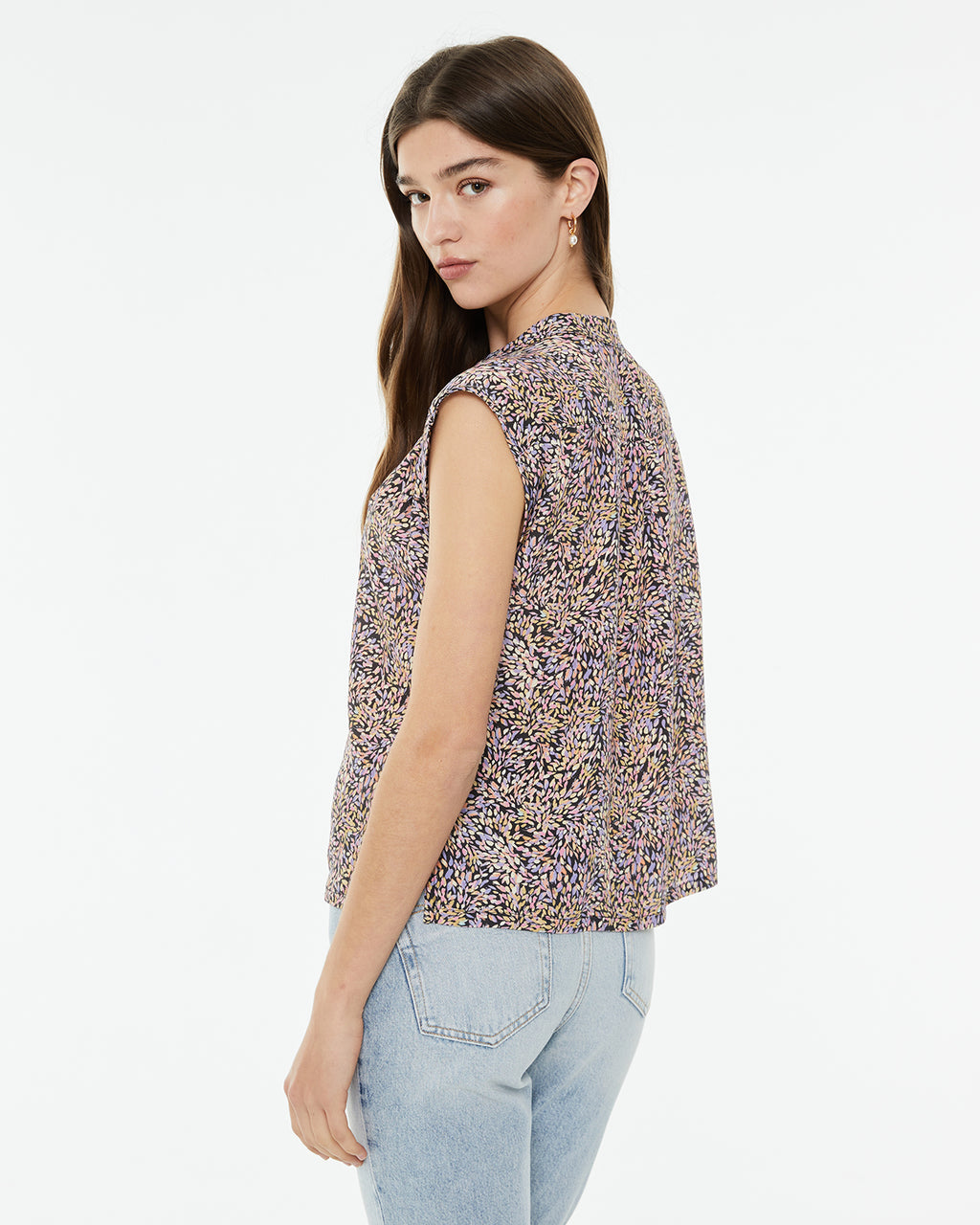 Oversized mandarin collar shirt with colorful leaf print