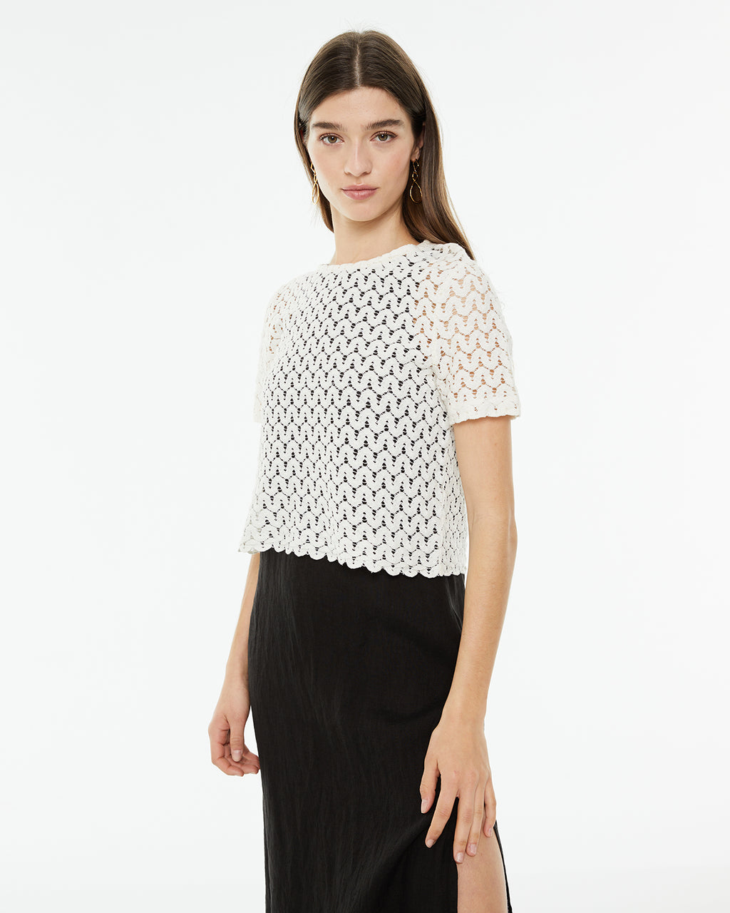 Short-sleeved openwork T-shirt with round neckline