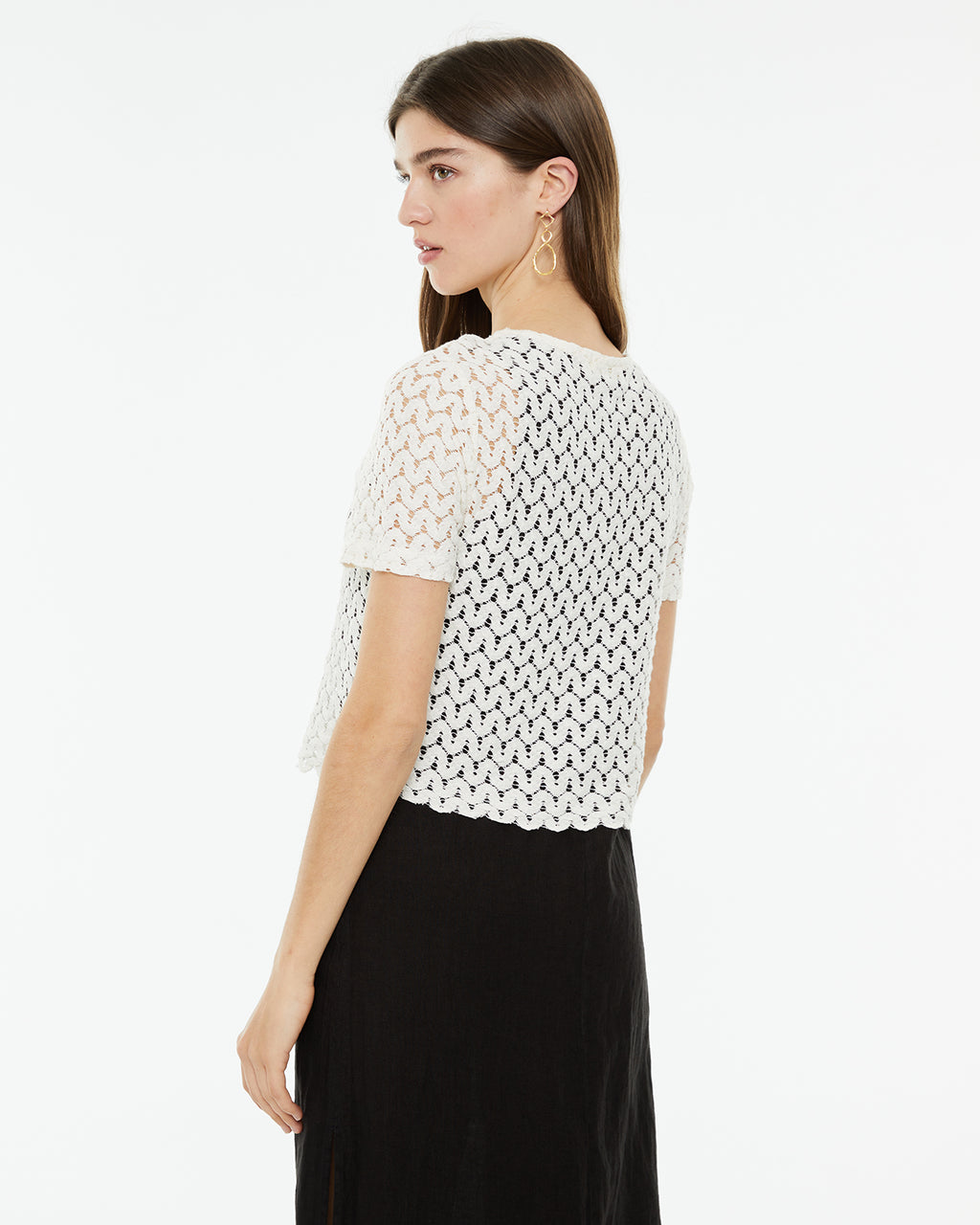 Short-sleeved openwork T-shirt with round neckline