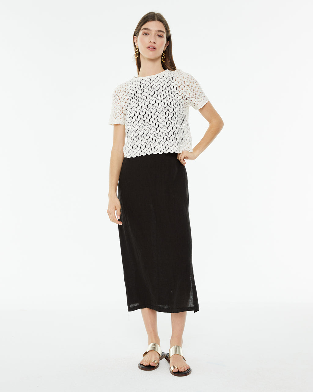 Short-sleeved openwork T-shirt with round neckline