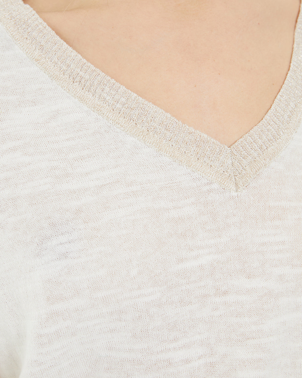 Short-sleeved V-neck sweater with neckline strap detail