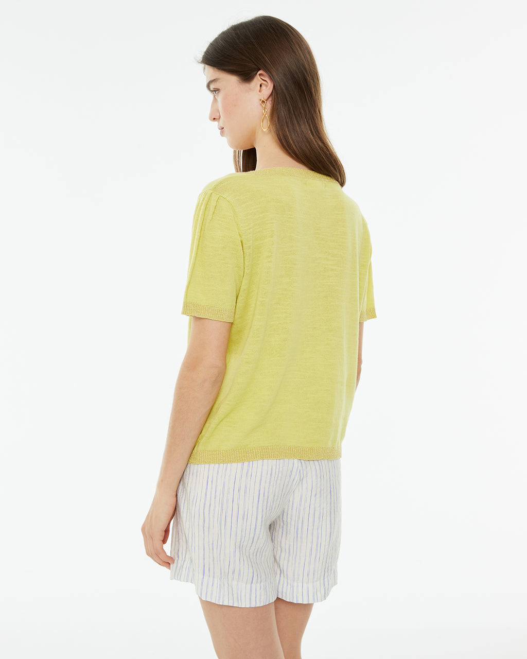 Short-sleeved V-neck sweater with neckline strap detail