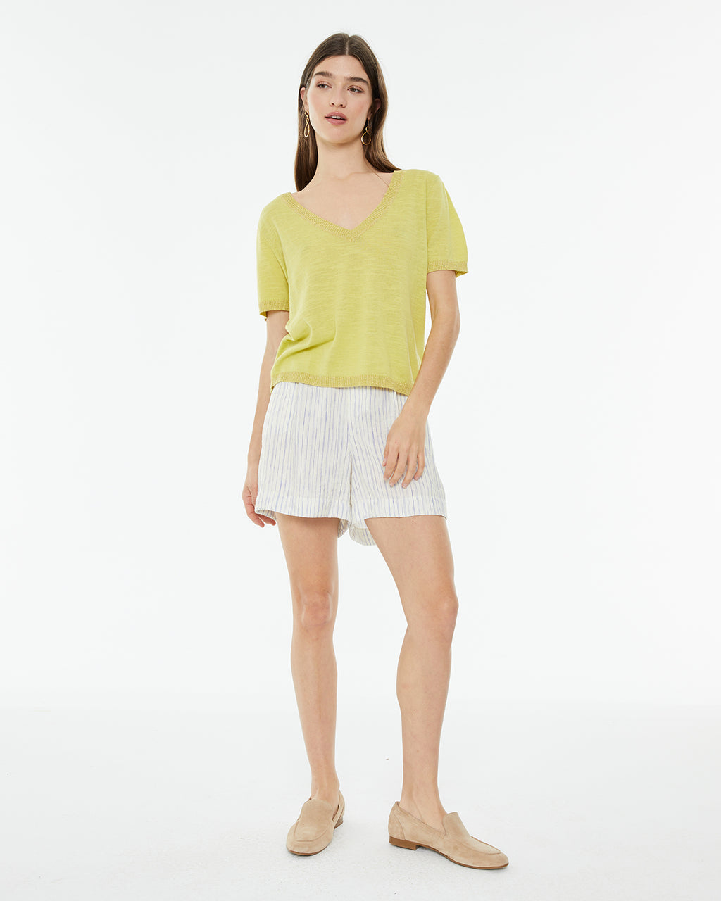 Short-sleeved V-neck sweater with neckline strap detail