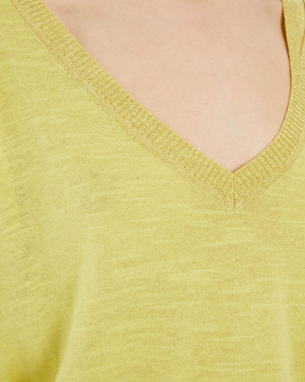 Short-sleeved V-neck sweater with neckline strap detail