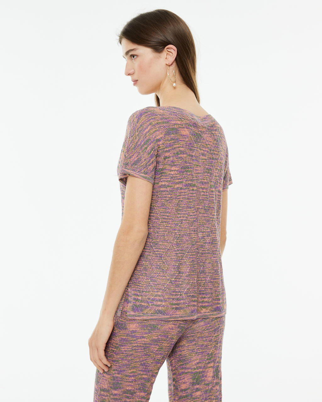 Lurex yarn jersey with V-neck and short sleeves