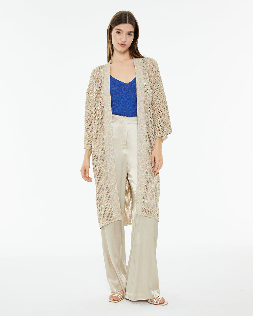 Long kimono in openwork lurex knit