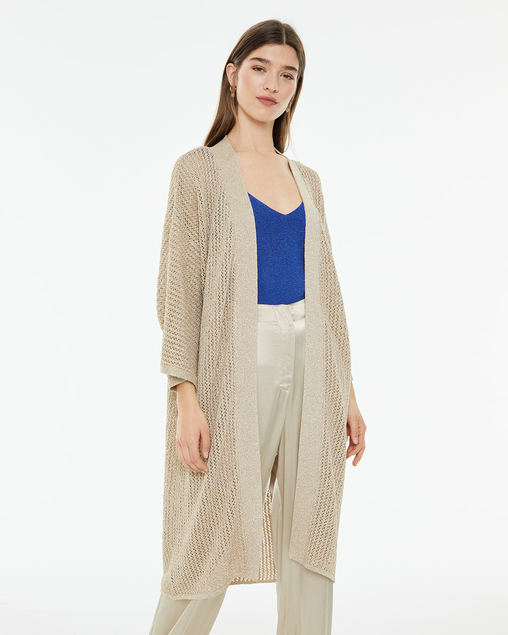 Long kimono in openwork lurex knit