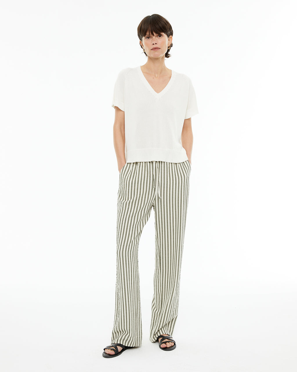 Straight striped trousers with drawstring waist