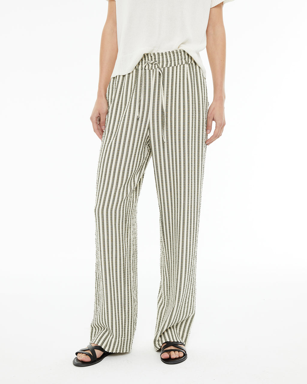 Straight striped trousers with drawstring waist