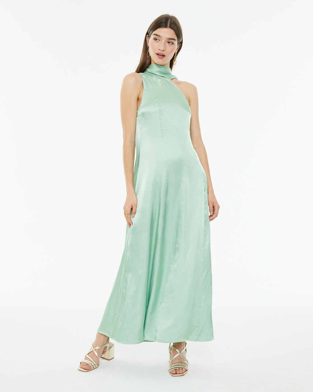 Long asymmetrical party dress with neckline scarf