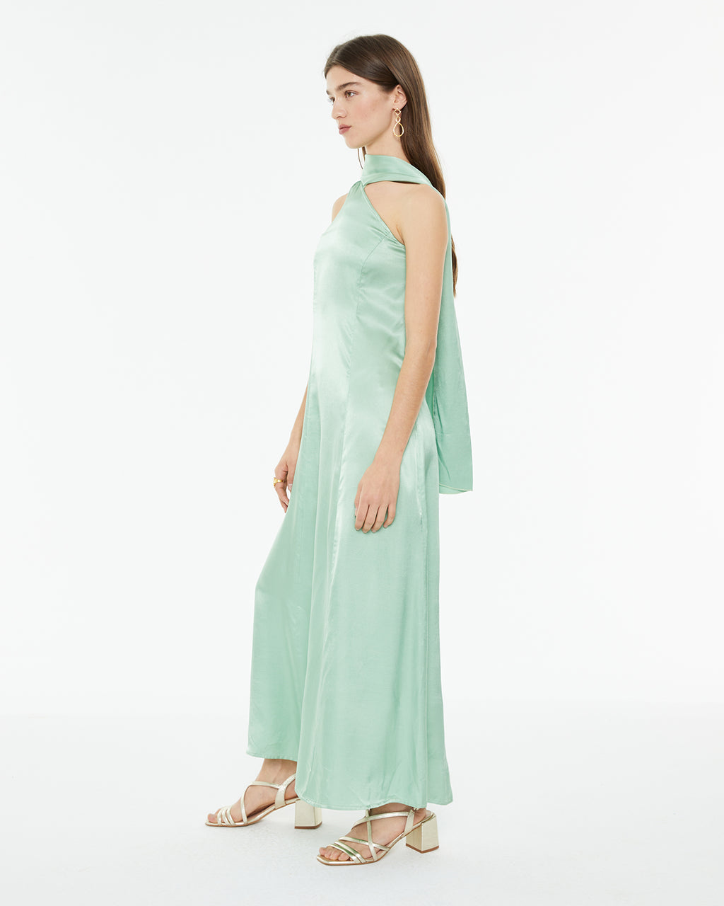 Long asymmetrical party dress with neckline scarf