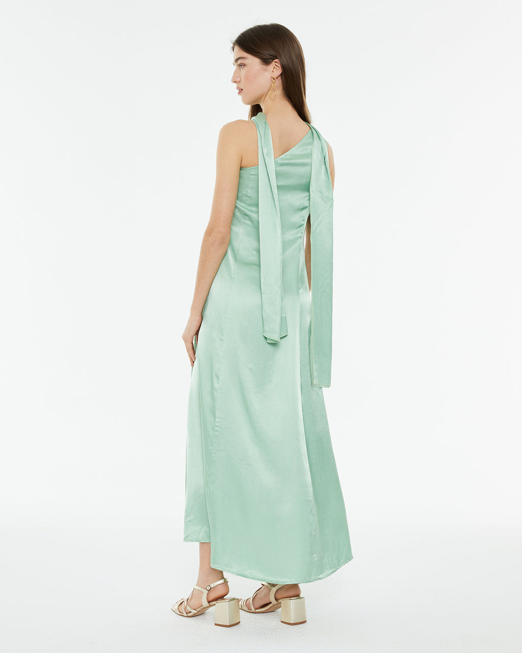 Long asymmetrical party dress with neckline scarf