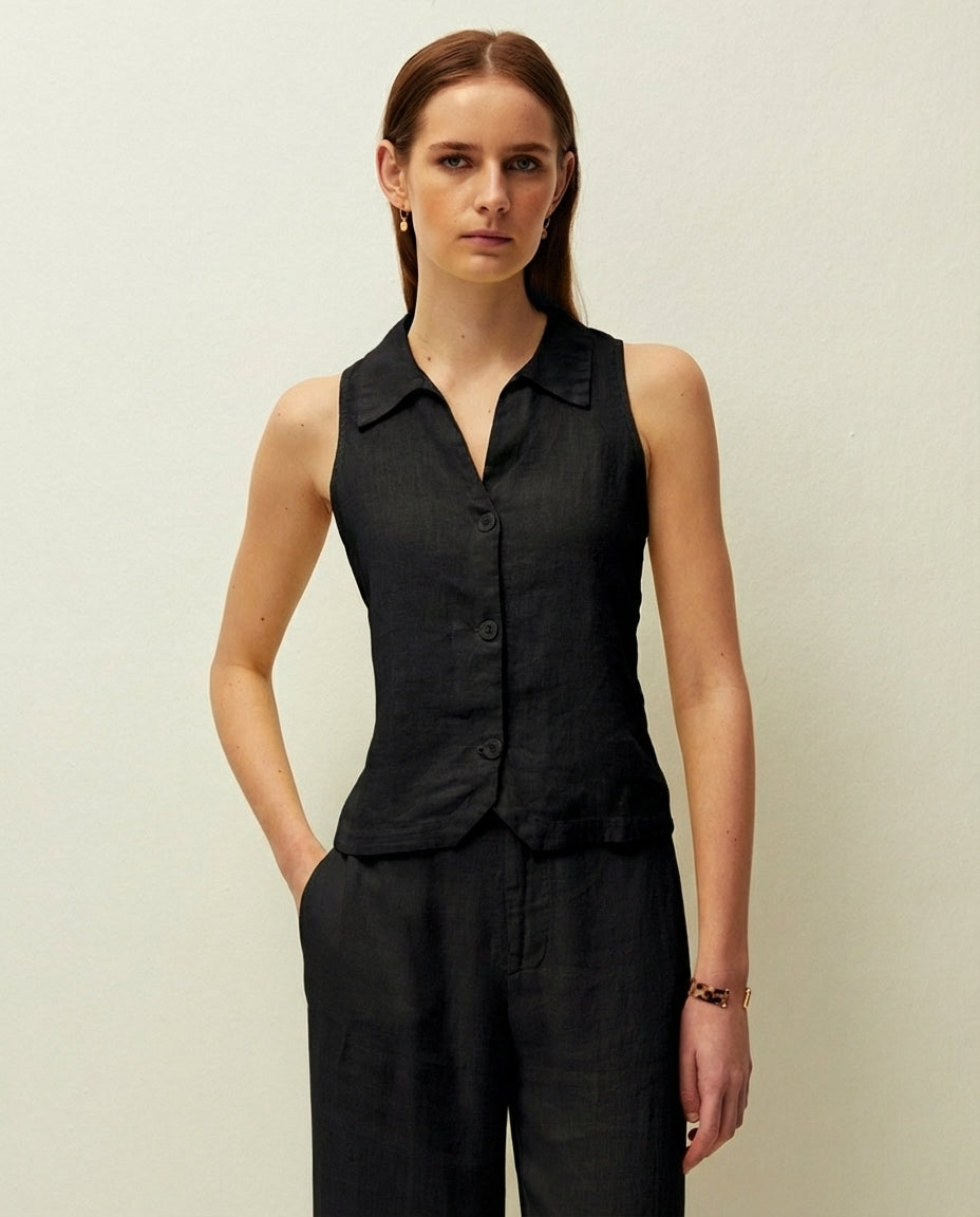 Chaleco lino cuello camisero