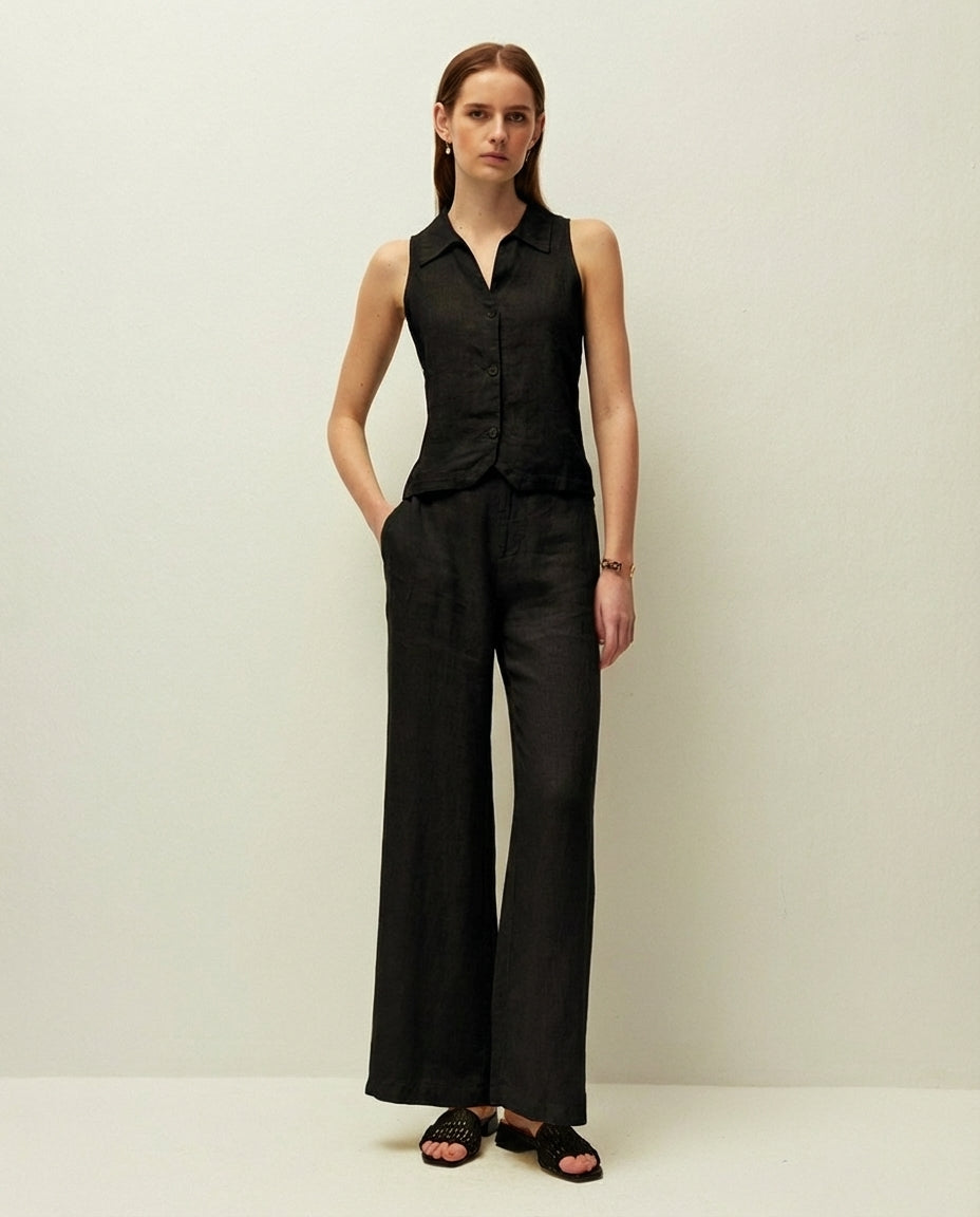 Chaleco lino cuello camisero