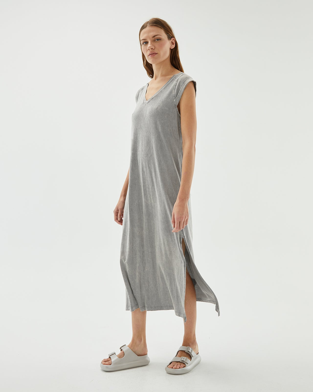 Dark gray washed effect midi dress