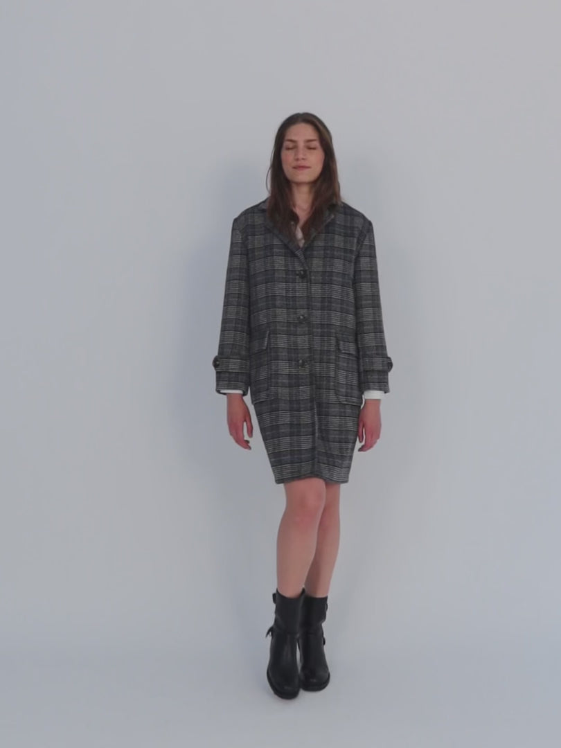 Checked midi coat with lapel collar